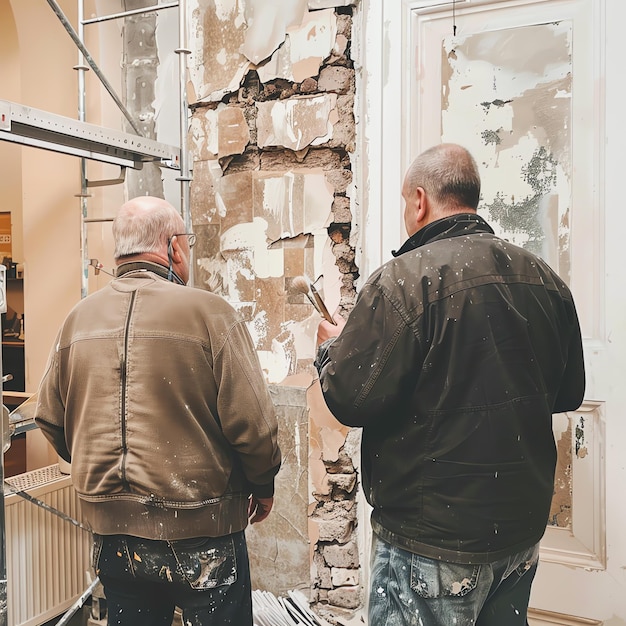 Two men are standing in front of a wall one of them is holding a hammer