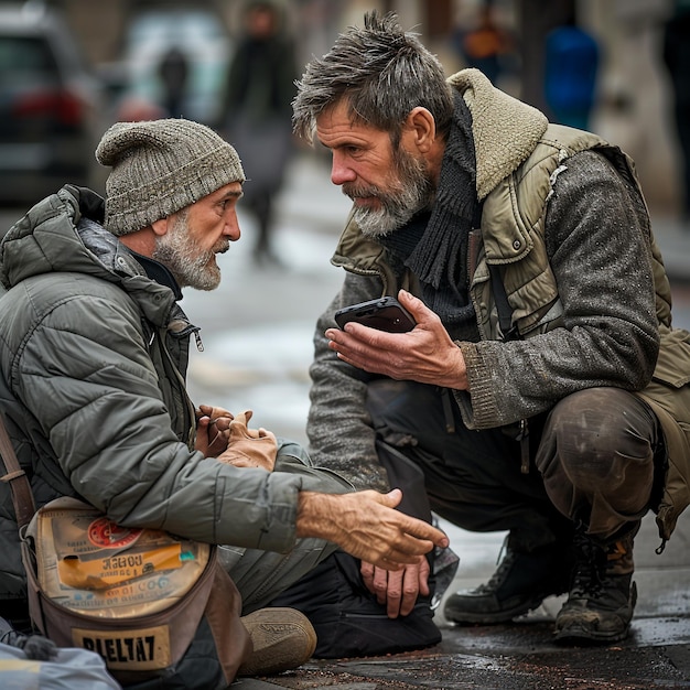 two men are talking to each other and one has a bag of cheese on it