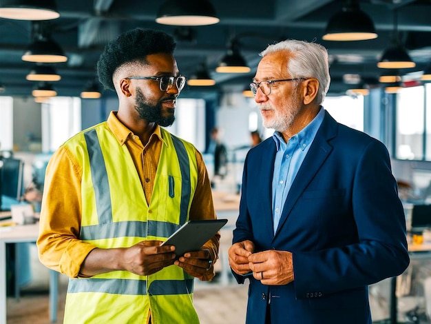 Photo two men are talking in front of a building with a man in a yellow vest