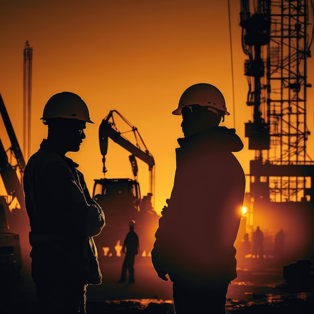 Two men are talking in front of a construction site with a large crane in the background.