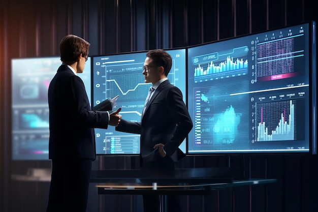 two men are talking in front of a screen with a graph on it