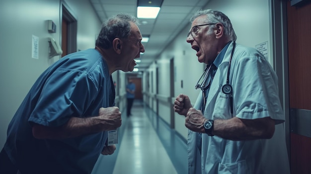 two men are talking in a hospital corridor one of which has the words quot no quot on it