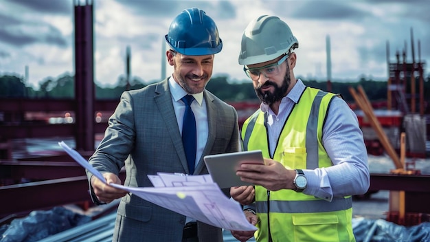 two men are talking and one has a blue hard hat on