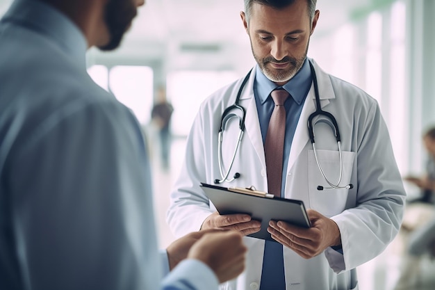 two men are talking with a doctor and a tablet