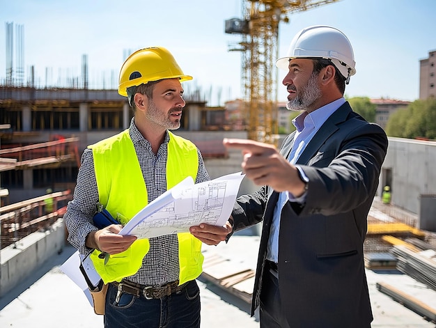 two men are talking with a piece of paper that says quot construction quot