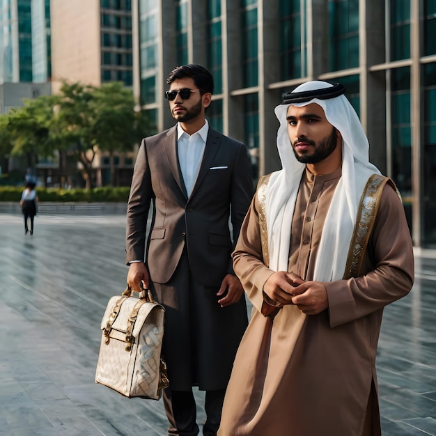 two men are walking in front of a building with a bag that says one of them