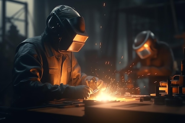 Two men are welding in a factory with a black background.