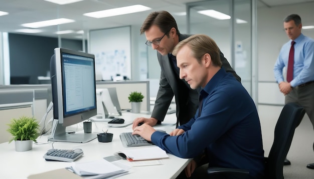 two men are working on a computer in an office