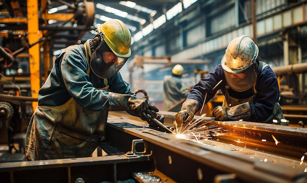 two men are working in a factory with a machine that has a hole in it