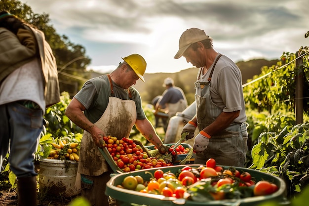 two men are working in a field of vegetables one of them has a large basket of vegetables