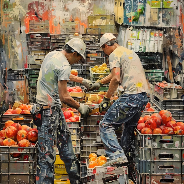 two men are working in a fruit market with a sign that says quot do not enter quot