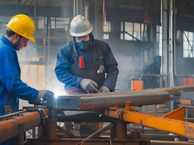 Photo two men are working on a piece of metal with the number 1 on it