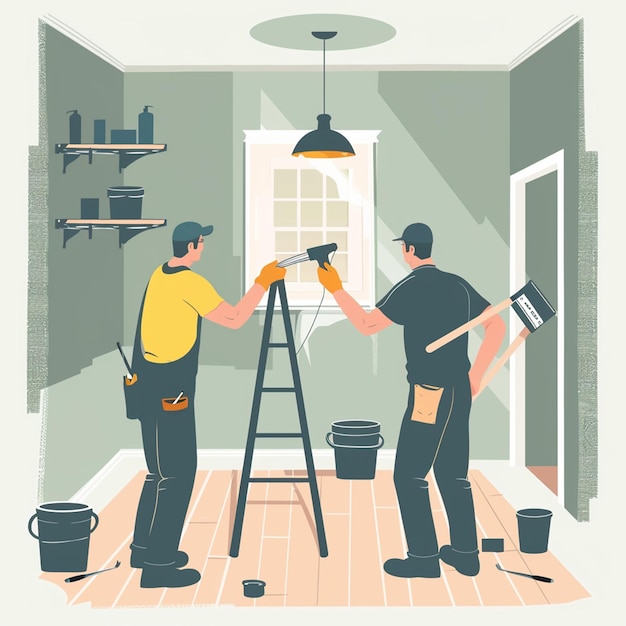 two men are working on a project with a paint brush illustration