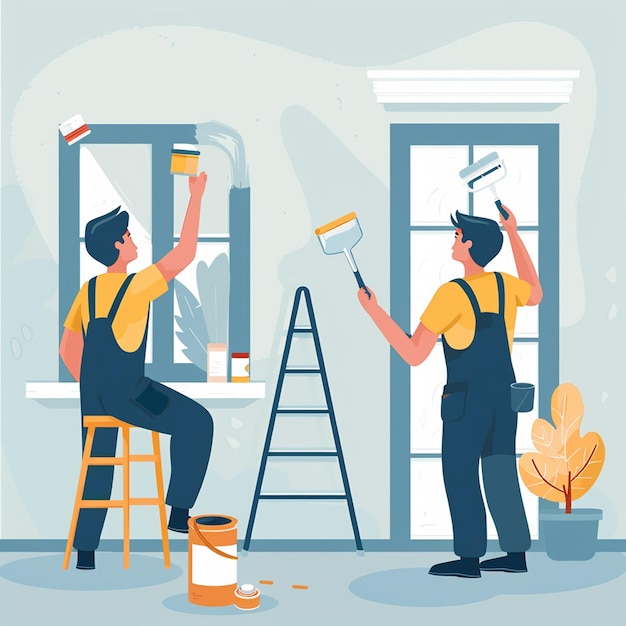 two men are working on a project with a paint brush illustration