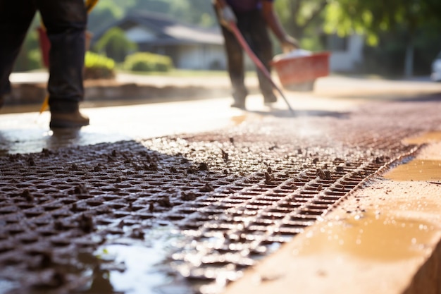 Photo two men are working on a sidewalk with a bucket that has been filled with dirt