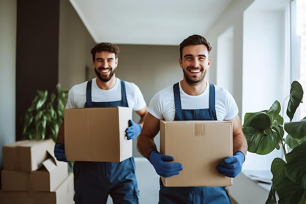 Photo two men in blue rubber gloves holding boxes in a room