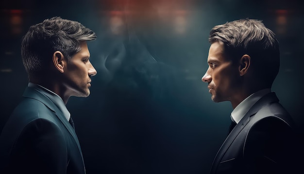 Two men in business suits looking at each other seriously