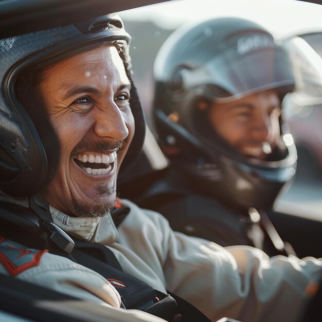 Photo two men in a car with laughing when driving