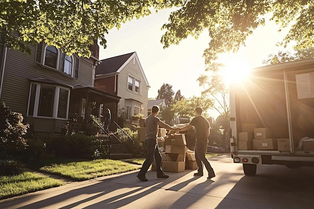 Photo two men carrying boxes from truck on sunny day during home move