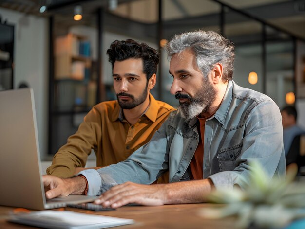 Photo two men collaborate on a laptop in a modern office space during daytime discussing a project