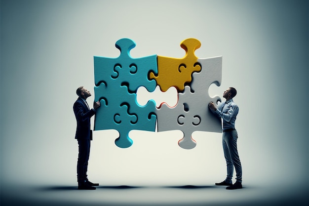 Two men connect two puzzle pieces Concept of business solution solving a problem