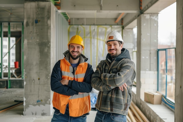 Two men in construction attire including hard hats and vests stand indoors at a construction site smiling and exuding teamwork