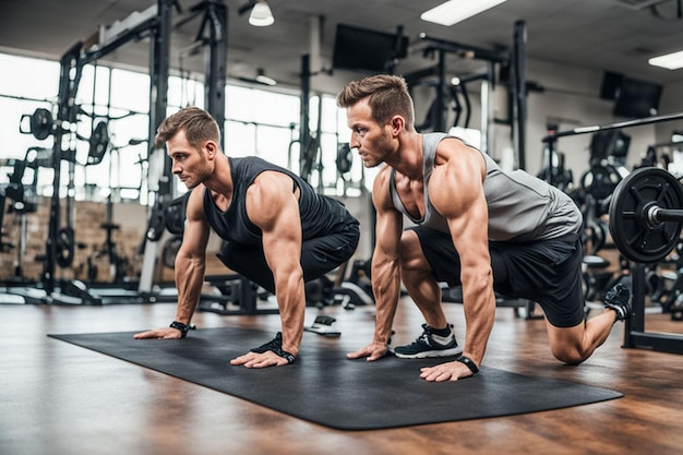 Photo two men doing push ups in a gym with the words  on the back