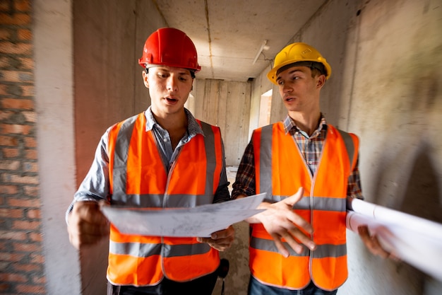 Two men dressed in orange work vests and helmets work with construction documentation inside the building under construction .