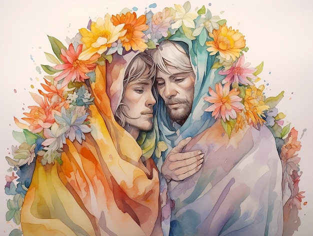 Two men embrace in a rainbow scarf with flowers on their hair in watercolor style