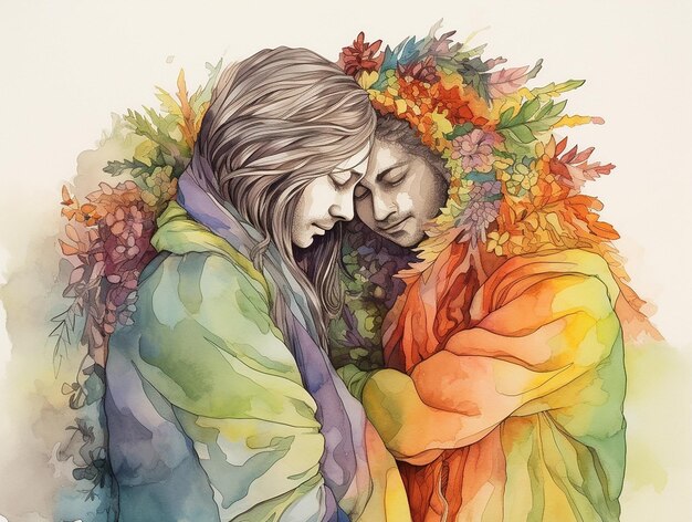 Two men embrace in a rainbow scarf with flowers on their hair in watercolor style