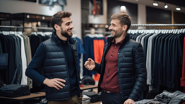 Two Men Engaged in Conversation at Clothing Store