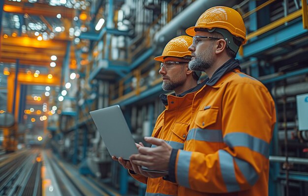 Two men engineers working as dockers inspect and debate using a laptop in front of a big industrial harbour with cargo in the background