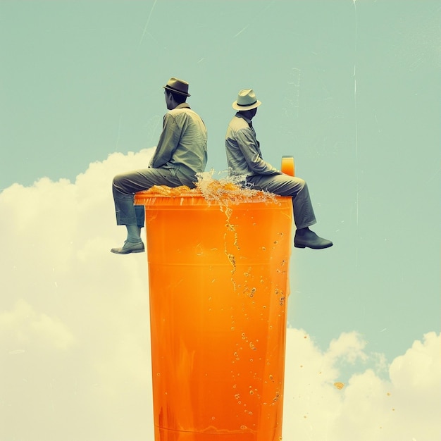 Photo two men enjoy a refreshing ride on an orange drink float