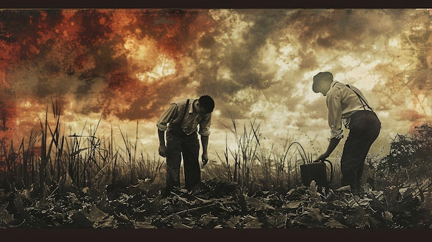 two men in a field with a sky background