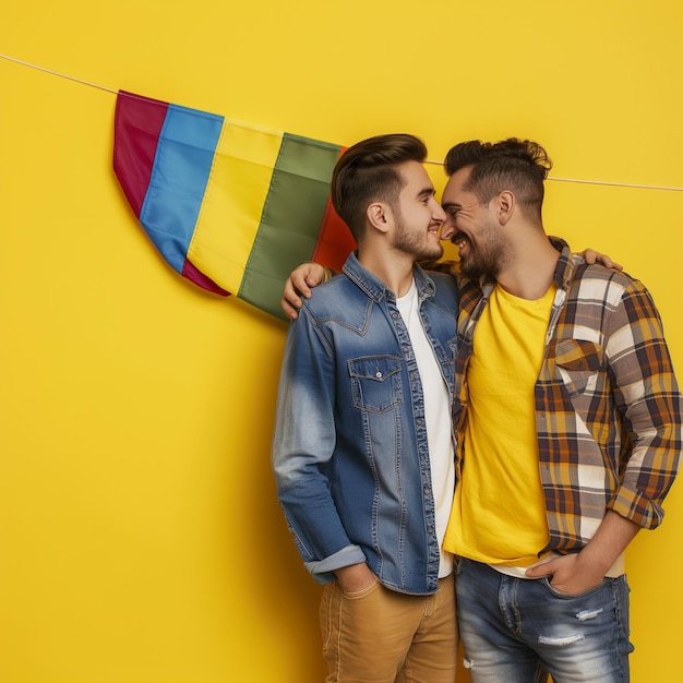 Photo two men in front of a yellow wall with a rainbow flag