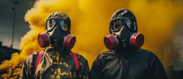 Two men in gas masks standing against red and black background with smoke