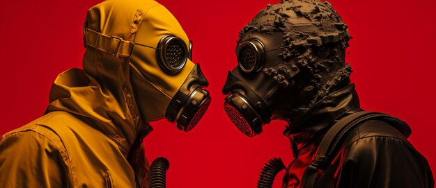 Two men in gas masks standing against red and black background with smoke