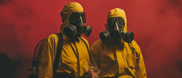 Two men in gas masks standing against red and black background with smoke