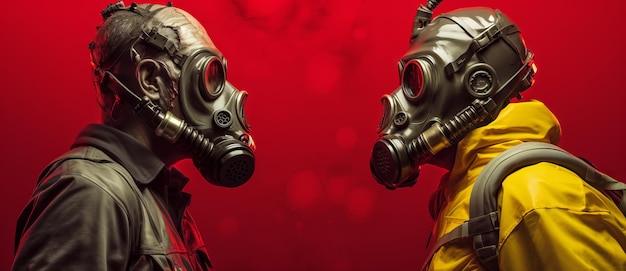 Two men in gas masks standing against red and black background with smoke