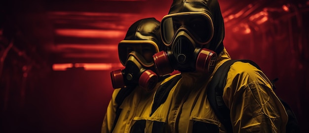 Two men in gas masks standing against red and black background with smoke