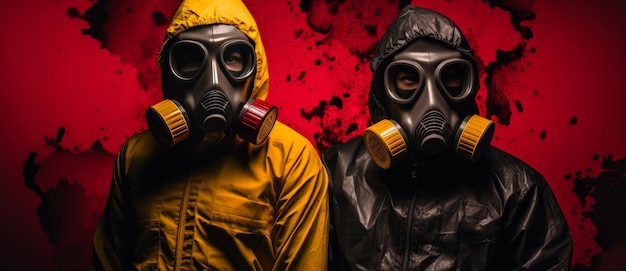 Two men in gas masks standing against red and black background with smoke