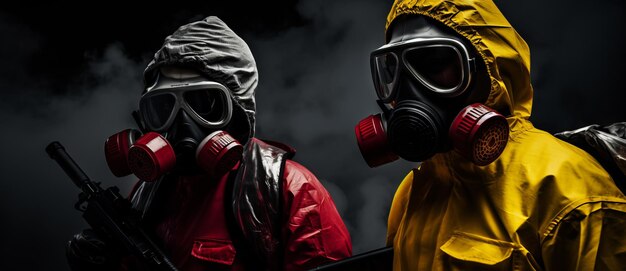 Two men in gas masks standing against red and black background with smoke