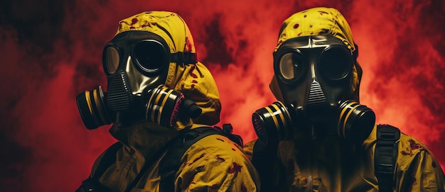 Two men in gas masks standing against red and black background with smoke