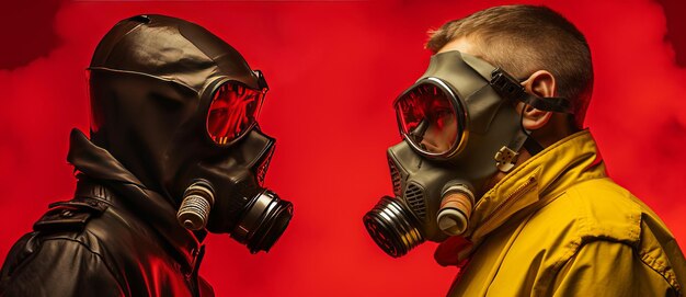 Two men in gas masks standing against red and black background with smoke