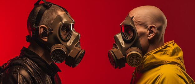 Two men in gas masks standing against red and black background with smoke