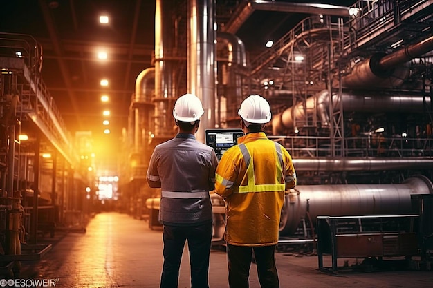 two men in hard hats are standing in front of a factory