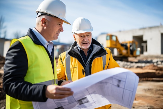 two men in hard hats talking about construction plans