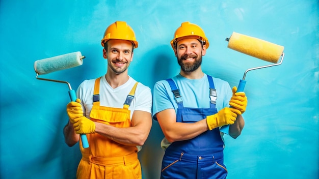 two men in hard hats with yellow gloves holding a blue paint brush