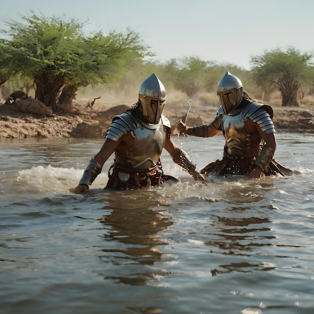 Photo two men in helmets are in the water with helmets on