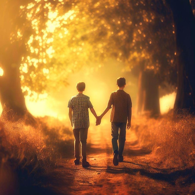 two men holding hands while walking down a path